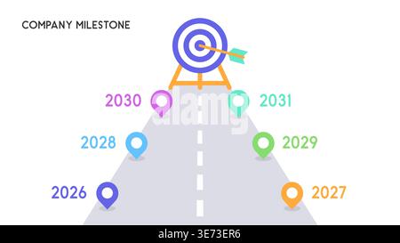 Roadmap zum Unternehmenserfolg mit sechs-Jahres-Meilensteinen und Illustration des Bullseye-Zielvektors Stock Vektor