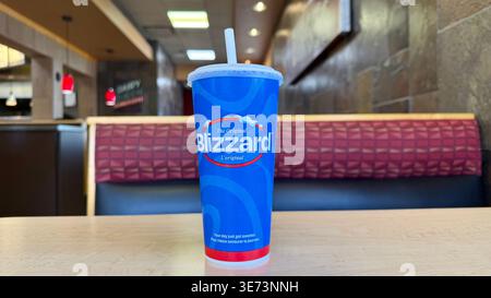 Milcheis mit Queen Blizzard in einer Tasse mit blauem Branding auf dem Restauranttisch in Vancouver, Kanada. Nahaufnahme mit großem Winkel. April 2026. Stockfoto