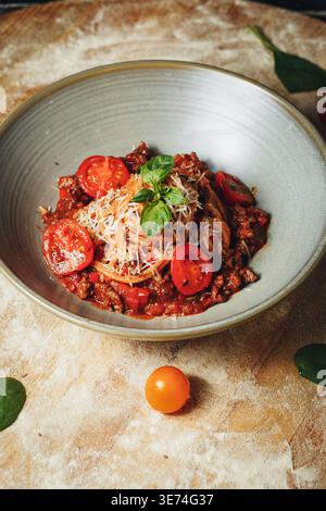 Köstliche Spaghetti-Bolognese mit reichhaltiger Fleischsauce, frischen Kirschtomaten und geriebenem Parmesan, garniert mit Basilikum in einer Keramikschale. Stockfoto