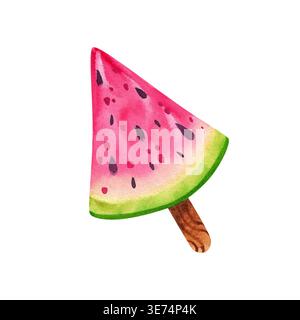 Wassermeloneneis auf einem Stock, isolierte Aquarellillustration. Handgezeichnete frische, reife Früchte für festliche Dekorationen für ein Sommercafé, eine Party oder gr Stockfoto