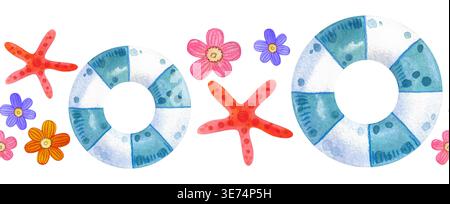 Schwimmring mit Seesternen, nahtloser Aquarellrand. Handgezeichnete Illustration eines Strandurlaubs, tropische Reiseatmosphäre. Geeignet für Reisen b Stockfoto