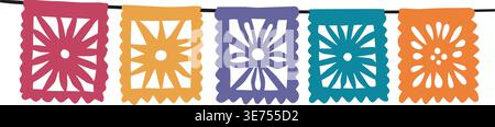 Papel Picado Banner Garland. Bunte Mexikanische Festflaggen. Traditionelles Dekorationsbündchen für Cinco de Mayo, Day of the Dead, Dia de Muertos. Sao Stock Vektor