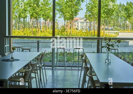 Moderne Einrichtung eines hellen Café- oder Restaurantraums mit weißen Tischen und hellen Holzstühlen, die in Reihen angeordnet sind. Große bodentiefe Fenster Stockfoto