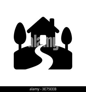 Einfache schwarze Silhouette des Hauses mit Bäumen und einem Pfad Stock Vektor