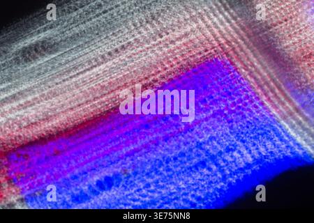Lebendige abstrakte Textur mit mehrschichtigen, pixelartigen Mustern in Blau, Violett und Pink sowie weichem Bewegungsunschärfe. Ideal als farbenfroher Hintergrund oder als digitales A Stockfoto