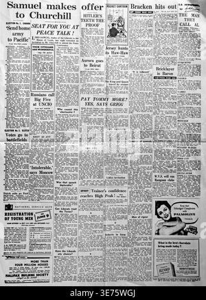 Titelseite des Daily Express ab 7. Juni 1945. Wichtige Schlagzeilen beschreiben politische Veränderungen, da die Liberale Partei um einen Sitz bei den Friedensgesprächen bittet und Berichte über die Entdeckung von Hitlers Überresten in Berlin auftauchen. Weitere Artikel behandeln den Pazifikkrieg, die Registrierung junger Männer für den Nationaldienst und britische Nachrichten nach dem Ende des Krieges in Europa. Die Seite enthält Zeitanzeigen für Rowntree’s Chocolate und die Halifax Building Society, die die Schnittstelle von globalen Konflikten und zivilem Alltag widerspiegeln. Stockfoto