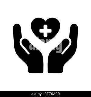 Hände halten Herz mit medizinischem Kreuz Glyphe Symbol Stock Vektor
