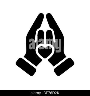Betende Hände mit einem Herzsymbol, einem schwarz-weißen Symbol Stock Vektor