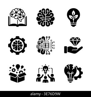 Kreatives Denken, Gehirnkraft, Ideengenerierung schwarze Glyphen-Symbole Stock Vektor