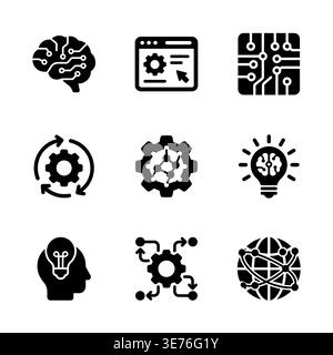 Set aus schwarzen Symbolen und Symbolen für künstliche Intelligenz Stock Vektor
