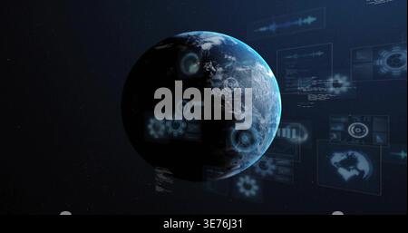 Anzeige des Planeten Erde in der Umlaufansicht mit holografischen UI-Bedienfeldern und Miniaturansichten Stockfoto