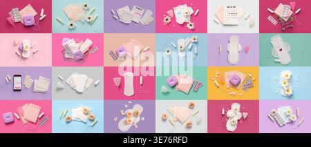 Collage von Menstruationsprodukten mit Pillen und Kalendern auf farbigem Hintergrund Stockfoto
