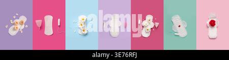 Collage von Menstruationsprodukten mit Blumen auf farbigem Hintergrund Stockfoto