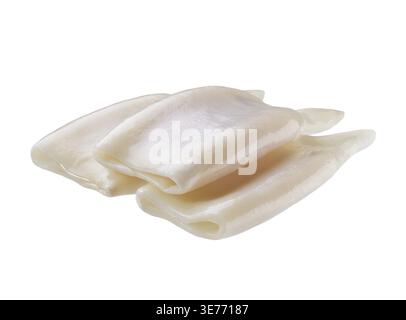 Frische, rohe Tintenfische. Tintenfischröhren isoliert auf weißem Hintergrund. Calamari-Rundröhren isoliert auf weißem Hintergrund Stockfoto