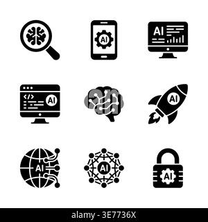 Schwarze Symbole der KI-Technologie auf weißem Hintergrund Stock Vektor