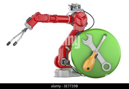 Industrieller Roboterarm mit Reparaturwerkzeugen, Konzept der Roboterwartung und technischer Unterstützung. 3D-Rendering isoliert auf weißem Hintergrund Stockfoto