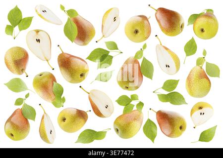 Birnenmuster, Hintergrund von Reifen frischen gelben Birnen mit gesprenkelter roter Seite, grüne Blätter, isoliert. Sammlung ganzer und halber Birnen von differen Stockfoto