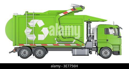 Grüner Müllwagen mit Recycling-Symbol, 3D-Rendering isoliert auf weißem Hintergrund Stockfoto