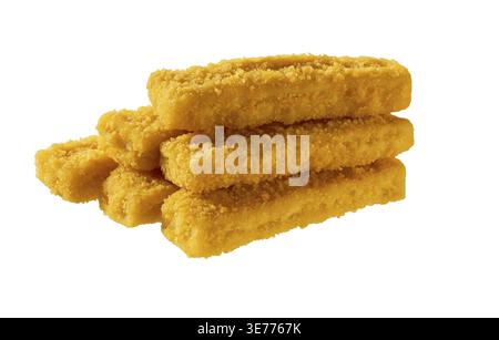 Knusprig panierte frittierte Fischfinger mit Brotkrumen isoliert auf weißem Hintergrund Stockfoto