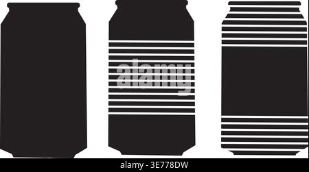 Aluminium Dose Silhouette Set mit Streifenmustern – Getränkekocher, Soda-Getränkekocher, minimale Vektorformen, Schwarz isolierte Dose Stock Vektor