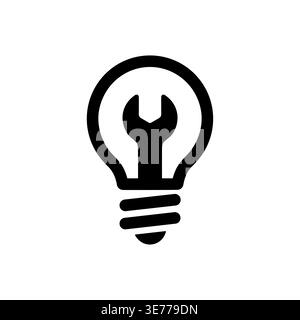 Glühlampe und Schraubenschlüssel Symbol schwarze Silhouette auf weiß Stock Vektor