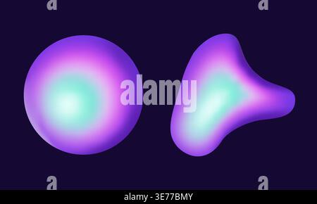 Sanft leuchtende Kugeln schweben im tiefvioletten Raum. Leuchtende Farbtöne wechseln von Lavendel zu Minzgrün. Kugelförmige und unregelmäßige Formen schaffen visuelle Harmonie. Id Stock Vektor