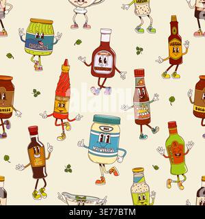 Nahtloses Muster mit groovigen Soßen. Nahtloser Textil-Hintergrund oder Stoff-Retro-Vektor-Muster mit Guacamole, Grill, Tabasco, Wasabi und Mayonnaise, Soja, Tartar Soße Flasche groovige Persönlichkeit Stock Vektor