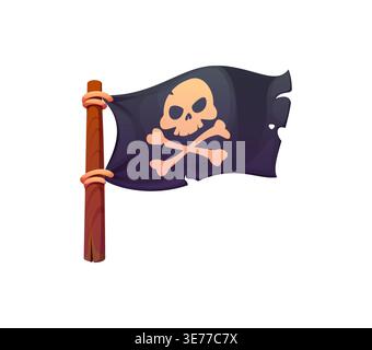 Piratensymbol der Jolly Roger Flagge mit Schädel und gekreuzten Knochen für Karibik Corsair, Cartoon Vektor. Piratenschiff Schwarze Flagge von Marinekorsaren oder filigranen Banditen für Piratensykone oder Spielelemente Stock Vektor