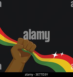 Flache Illustration einer Hand, die eine Flagge vor einem schwarzen Hintergrund hält, mit etwas Platz für Text, perfekt für Posts in sozialen Medien am Juneteenth. Stock Vektor