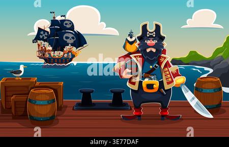 Piratenkapitän mit Schwert und Schatzkiste auf dem Hafenpier. Cartoon Vektor Korsair Seemann Charakter mit Papagei auf der Schulter steht in der Nähe von Fässern. Abenteuerliche nautische Szene mit Galeonschiff im Meer Stock Vektor