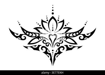 Komplizierte Tribal Lotus-Illustration, die polynesische Maori-Muster mit ornamentalem Tattoo-Stil kombiniert. Symmetrisches schwarzes Liniendesign mit dekorativem el Stock Vektor
