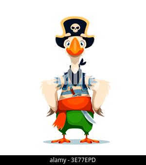 Cartoon Gänsebootwagen Piratenvogelfigur in großem Hut und blau gestreifter Kleidung, das Messer in den Gürtel gesteckt, während die Flügel auf den Seiten liegen. Cartoon Vektor Korsair Gans Maskottchen bereit für Meer Abenteuer Stock Vektor