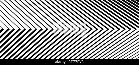 Das Pfeilrastermuster mit verblichenen Linien erzeugt einen dynamischen Vorwärtsbewegungseffekt. Geometrischer grafischer Hintergrund mit diagonalen Übergängen und Abstufungen in Schwarzweiß-Design. Stock Vektor