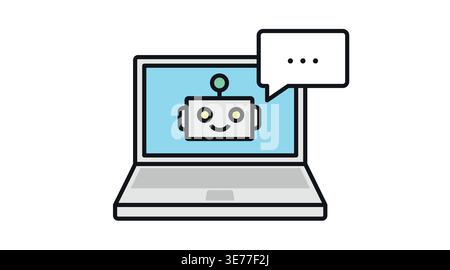 Laptop-KI-Chatbot-Symbol: Tragbarer Computer mit benutzerfreundlichem Roboter und Sprechblase Stock Vektor