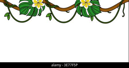 Tropische Dschungel-Reben mit Monstera-Blättern und Plumeria-Blumen, Vektorbanner Illustration Stock Vektor