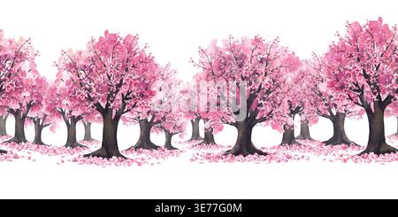 Aquarellblühende Sakura-Bäume mit zarten rosa Kirschblüten und fallenden Blütenblättern. Handgemalte nahtlose Rahmenlandschaft. Abbildung Stockfoto