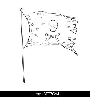 Vektor-Piratenflagge mit Schädel und Kreuzknochen. Handgemalte lineare Abbildung. Grafische Schwarzweißskizze isoliert auf Hintergrund. Für Konstrukteure Stock Vektor