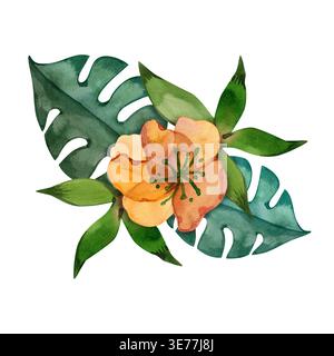 Handgezeichnetes tropisches Bouquet mit einer zarten Orangenblüte, umgeben von üppigen Monstera und exotischen grünen Blättern. Lebendige Botanik Stockfoto