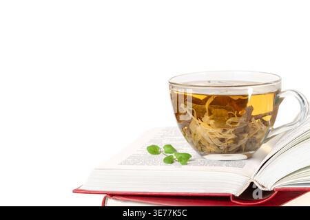 Stapel von Büchern und ein geöffnetes Buch oben mit einer Glasschale Kräutertee Vorderansicht isolierter weißer Hintergrundraum für Text Kopierraum Makro Stockfoto