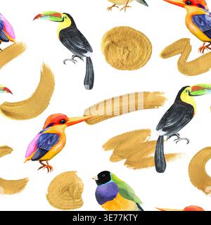Tropische Vögel in Aquarell: Tukan, eisvogel, finkenmuster mit goldenen Elementen auf weißem Hintergrund. Exotische Komposition abstrakter Formen Stockfoto