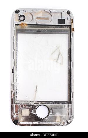 Mikrofoto des beschädigten LCD-Displays des Telefons als schöner Hintergrund Stockfoto