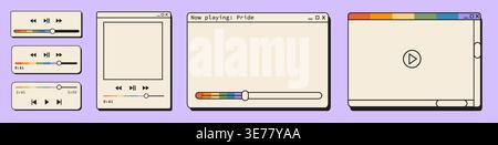 Retro-Fenster und Videorahmen mit Fortschrittsbalken für den Stolz des Regenbogens. Vintage y2k-Medienschnittstelle, Audio-Player-Popups und Nostalgie Stock Vektor