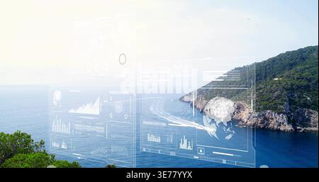 Mit lichtdurchlässigen HUD-Panels, die die Küstenbucht auf Klippen überragen, mit Bootswach und Landzunge Stockfoto
