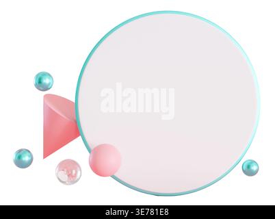 Eine Sammlung von 3D-Formen ist auf einem klaren Hintergrund angeordnet. Die Szene umfasst eine runde Form, ein Dreieck und verschiedene Kugeln in verschiedenen Farben Stockfoto