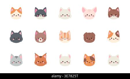 Sammlung von niedlichen Kawaii Katze Gesicht Ikonen in warmen Farbtönen und Vielzahl von Rassen Vektor Illustration Stock Vektor