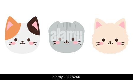 Drei niedliche Kawaii Katzen Gesichter in Calico Grau und Creme Farbe Vektor Illustration Stock Vektor