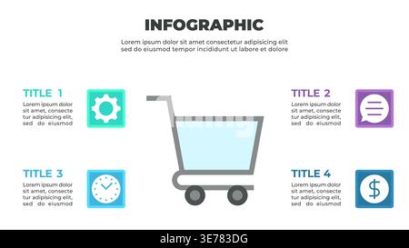 Moderne Infografik-Vorlage mit Gear-, Uhr-, Chat- und Einkaufswagensymbolen für Business- und E-Commerce-Präsentationen Stock Vektor