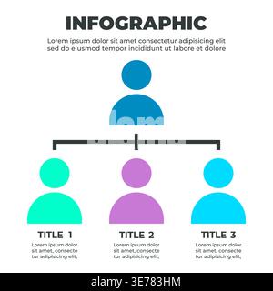 Eine farbenfrohe Infografik, die eine Organisationsstruktur mit einer obersten Führungskraft und drei unterstellten Mitarbeitern veranschaulicht Stock Vektor