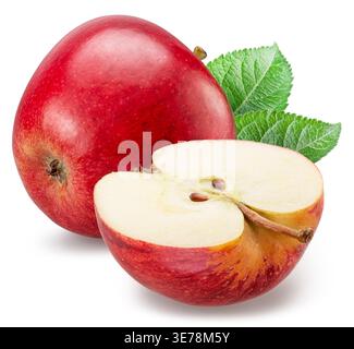 Reifer roter Apfel und eine Hälfte Apfel auf weißem Hintergrund. Datei enthält Beschneidungspfade. Stockfoto