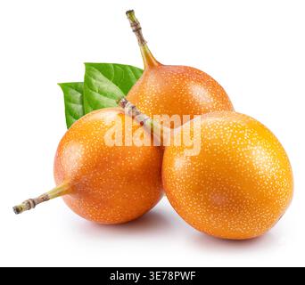 Gelbe süße granadilla-Frucht (Passiflora ligularis) mit granadilla-Blättern isoliert auf weißem Hintergrund mit Schnittpfad. Hochwertige Bilder mit m Stockfoto
